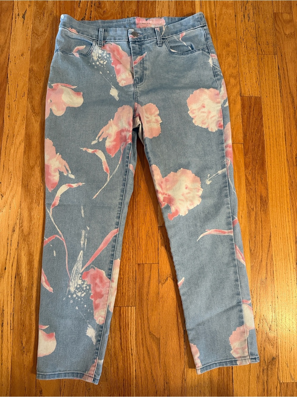 Chicos Light Blue Denim Skinny Jeans with Pink Floral Print